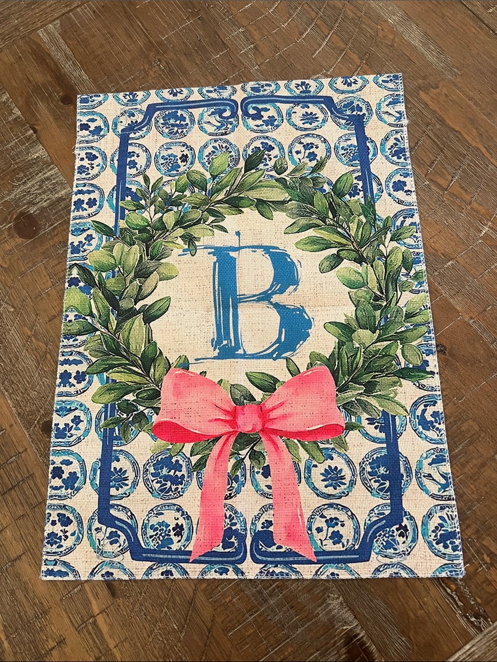 Monogrammed 'B' Decorative Garden Flag with Wreath and Pink Bow New